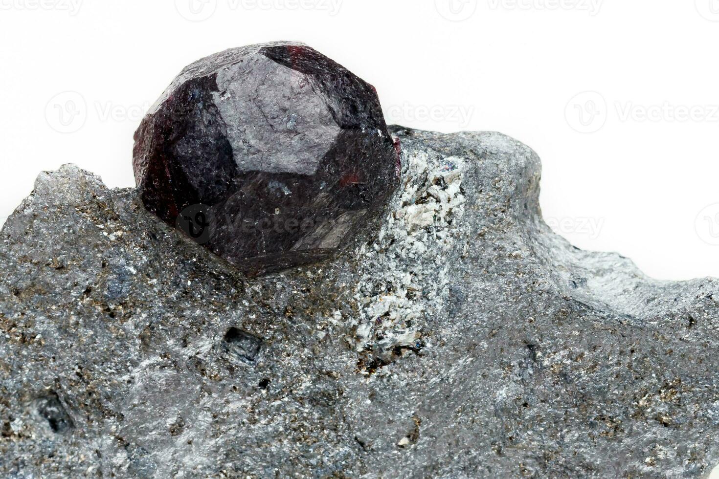 Macro mineral stone garnet  in the rock on a white background photo