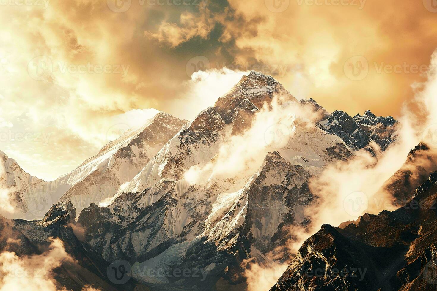 AI generated Breathtaking view of towering mountains enveloped in golden-hued clouds, showcasing nature's grandeur. photo