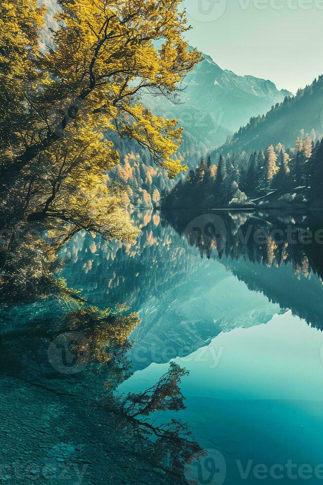 AI generated A tranquil scene capturing autumn's golden hue on trees, a calm lake reflecting majestic mountains and a clear sky photo