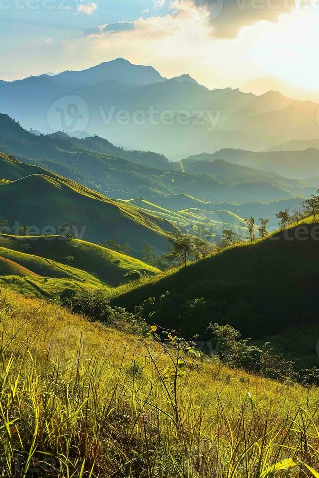 AI generated a stunning landscape during sunrise or sunset. Rolling green hills are prominently featured, bathed in soft sunlight creating a serene atmosphere. photo