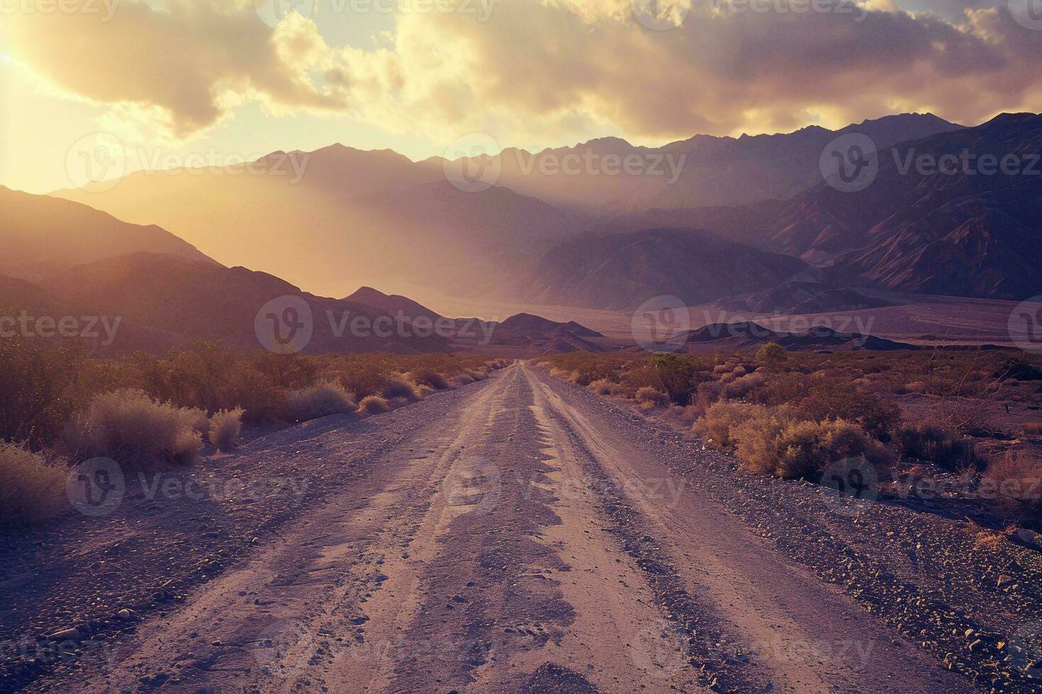 AI generated A tranquil scene of a desert road leading towards majestic mountains, bathed in the warm glow of a setting sun. photo