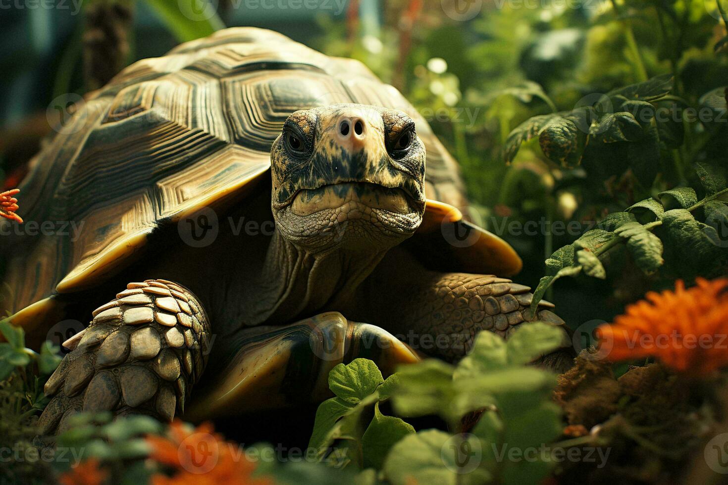 ai generado un de cerca fotografía de un tortuga en medio de lozano verdor, sus detallado cáscara contrastando el suave atención bosque antecedentes. el tortuga intrincado patrones foto