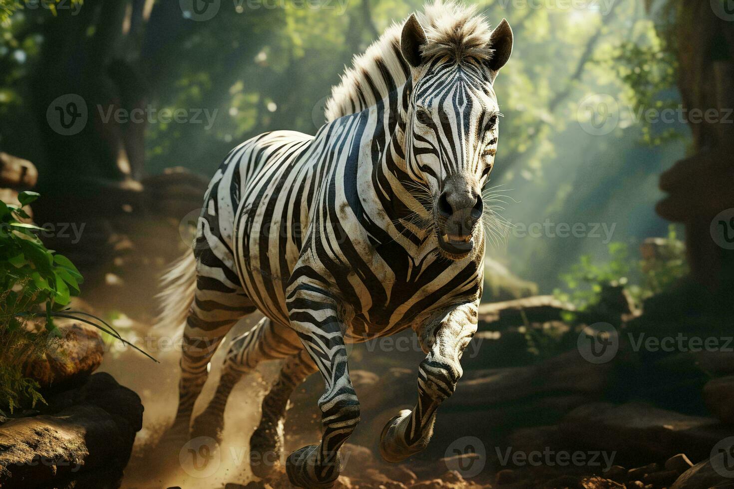AI generated a dynamic photograph of a zebra in full sprint amidst a serene, sunlit forest. The zebra distinct stripes contrast sharply with the surrounding greenery photo