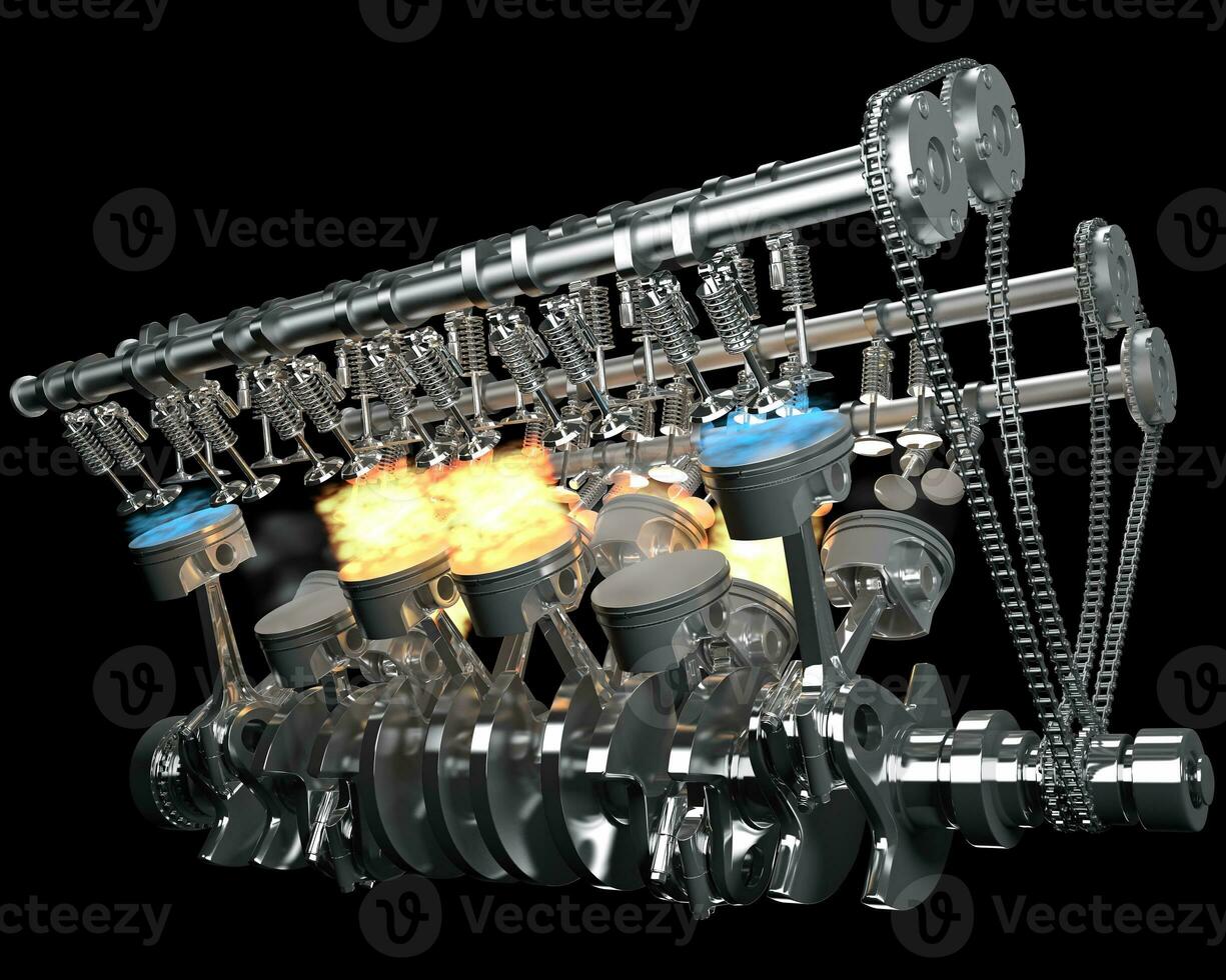 V12 Engine pistons Ignition on black background 3D rendering photo