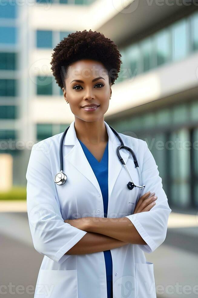 AI generated Portrait of a black female doctor against a hospital atmosphere background with space for text, generative AI, background image photo