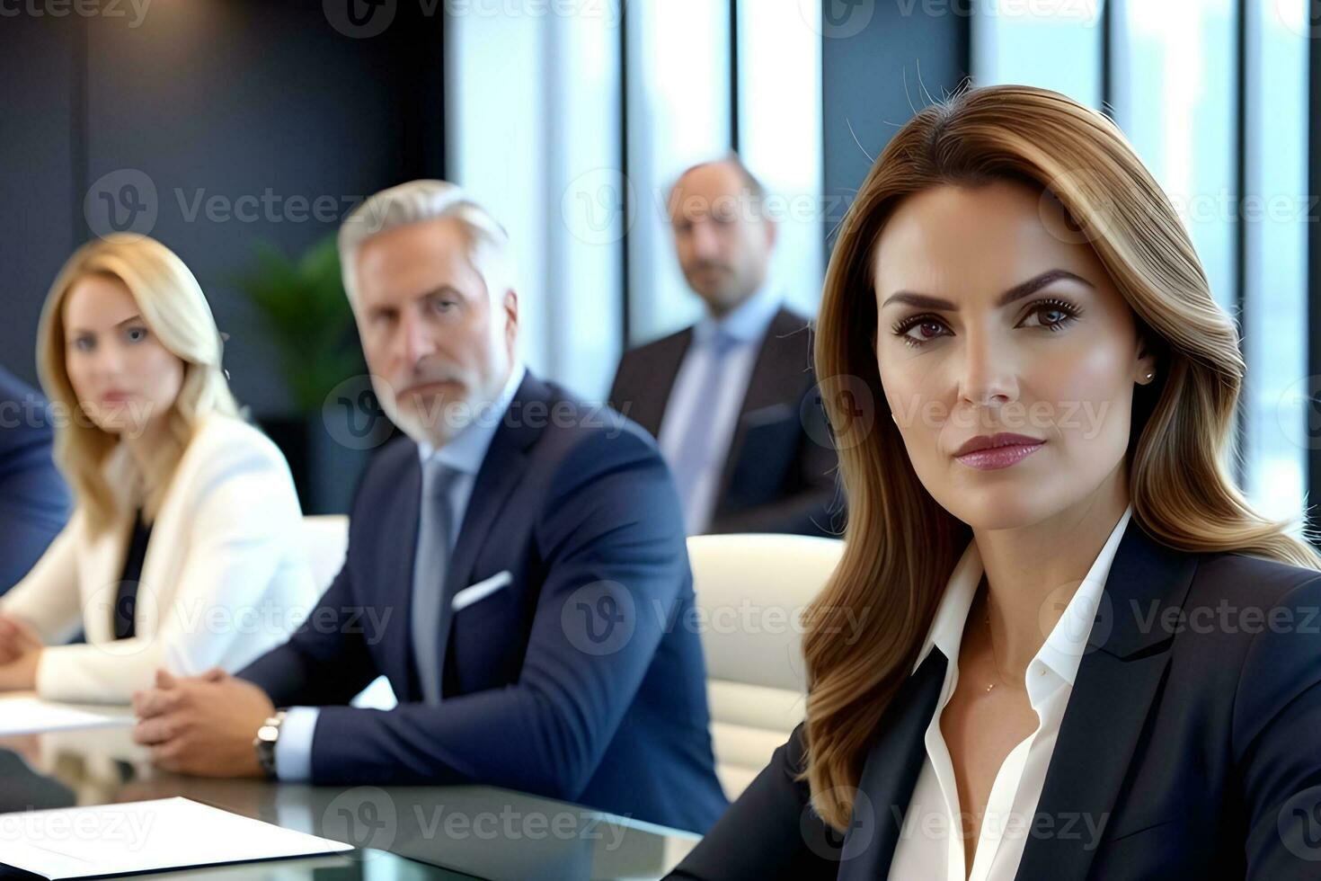 AI generated A close-up image showcasing the confident and determined expression of a successful businesswoman during a boardroom meeting, generative AI, background image photo