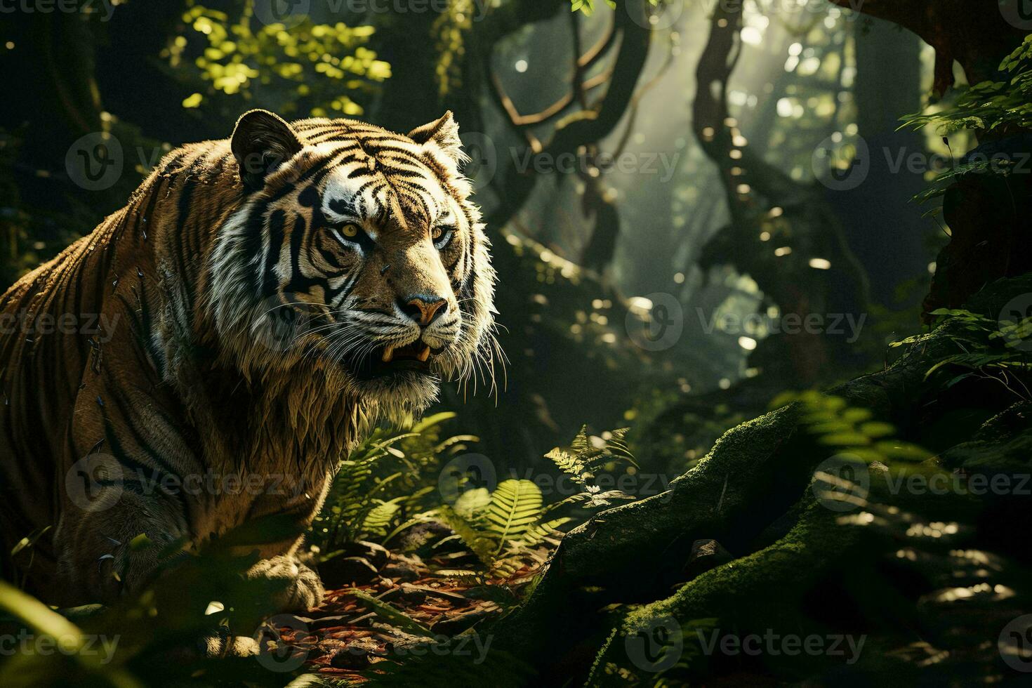 AI generated Majestic tiger amidst a vibrant, sunlit forest. Every stripe and whisker detailed, surrounded by lush greenery, evoking a sense of awe and respect for nature beauty. photo