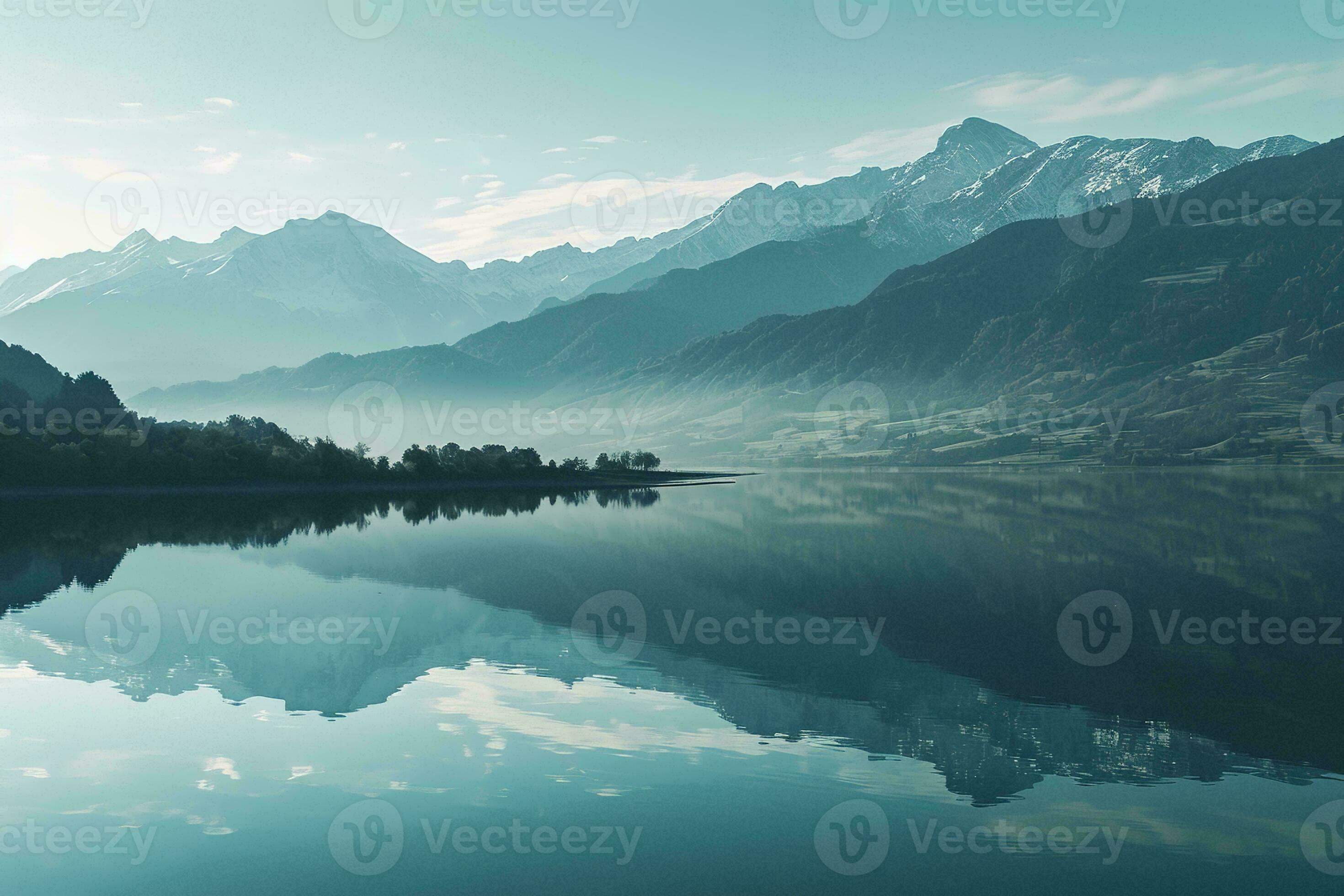 AI generated a tranquil dawn unveiling misty mountains mirrored in a 
