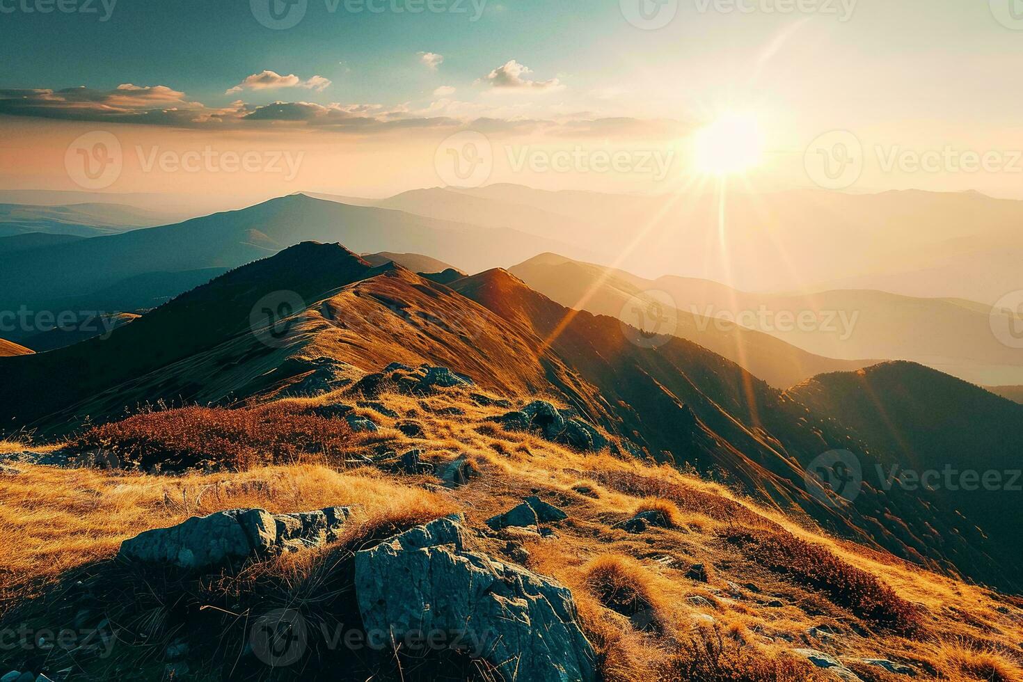 AI generated A mesmerizing sunset illuminates the rugged mountain terrain, casting a golden hue over the serene and expansive landscape photo