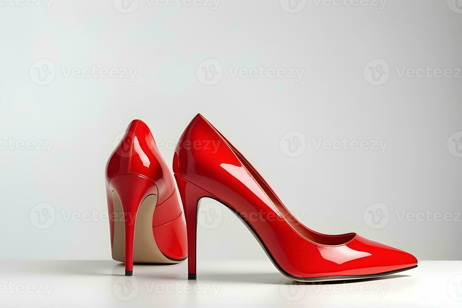 AI generated Portrait of a woman's bright red high-heeled shoes on a white background, background image, generative AI photo