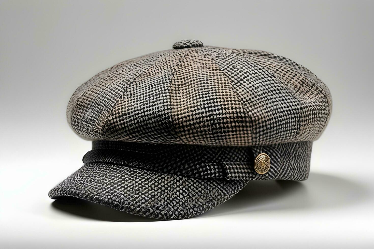 AI generated Portrait of a Newsboy Cap against white background, A casual cap with a rounded, full crown and a button on top, generative AI photo