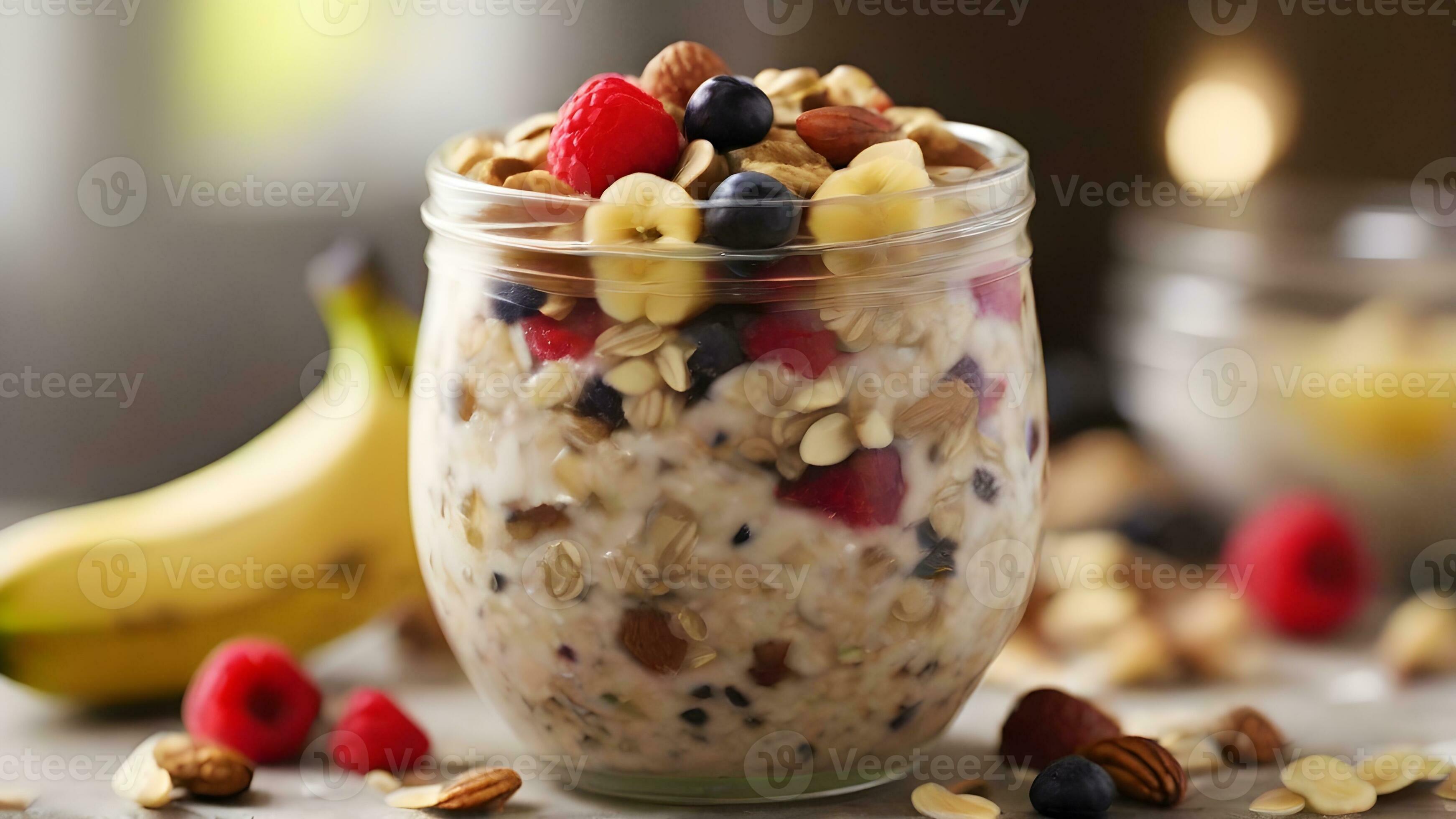AI generated Fruit and Nut Overnight Oats, Combine rolled oats with