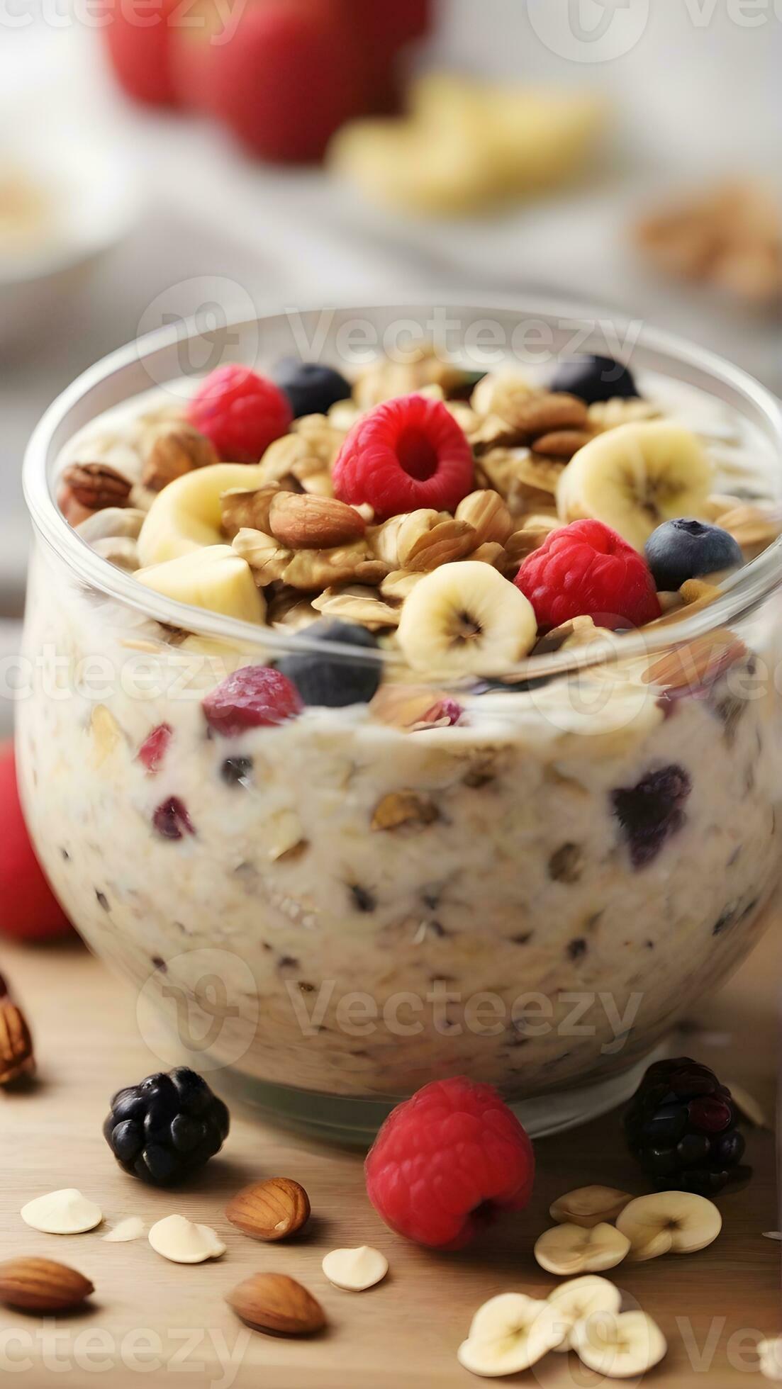 AI generated Fruit and Nut Overnight Oats, Combine rolled oats with