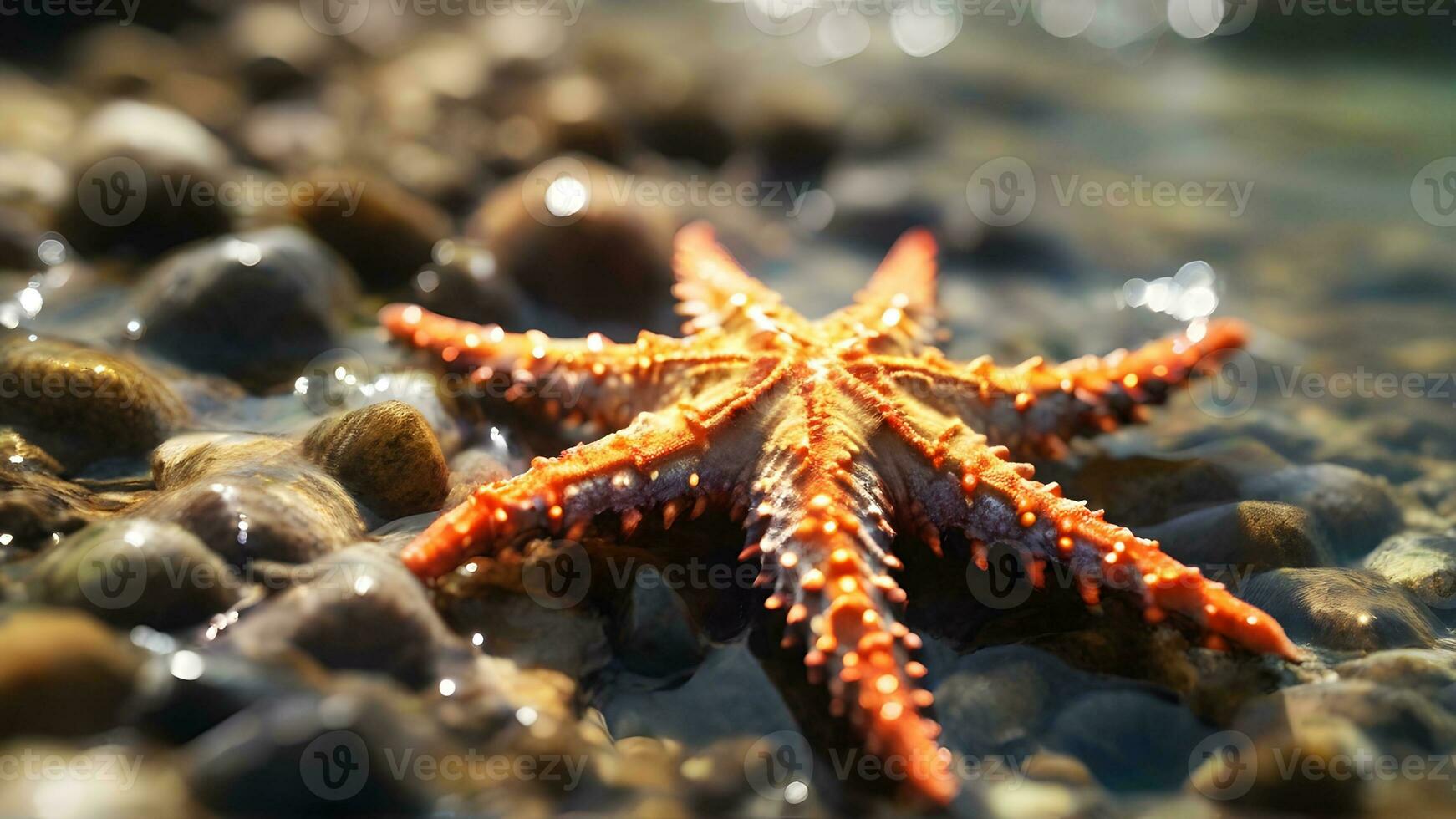 ai generado de cerca detalles de un estrella de mar en un piscina de la marea, capturar el jugar de luz de sol en sus superficie, antecedentes imagen foto