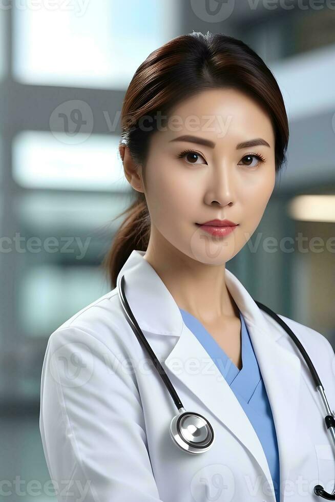 ai generado retrato de un asiático hembra médico en contra un hospital atmósfera antecedentes con espacio para texto, generativo ai, antecedentes imagen foto