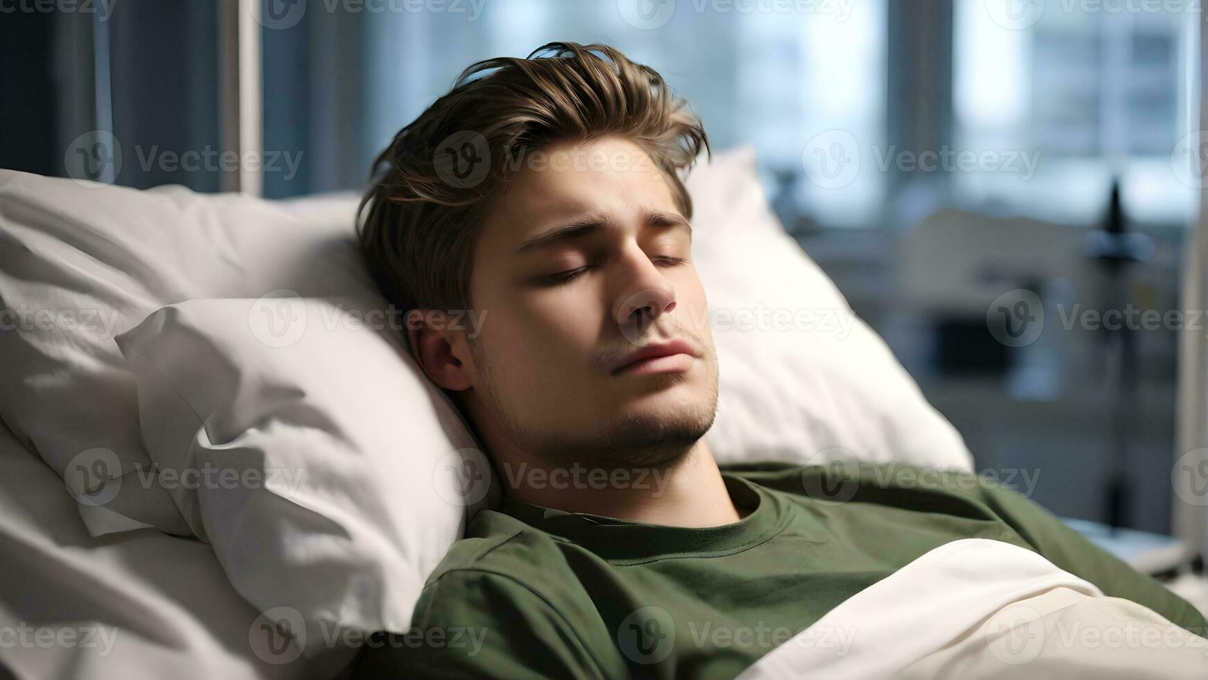 AI generated Portrait of a young white male sleeping sick in a hospital bed with a pained face, background image, generative AI photo