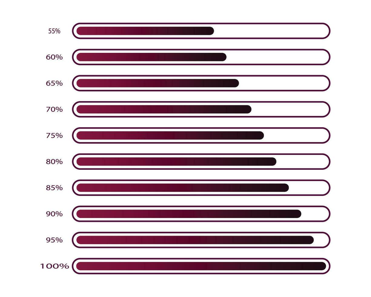 55 to 100 percentage infographics full battery charge, energy level, progress, growth, power vector sign symbols.