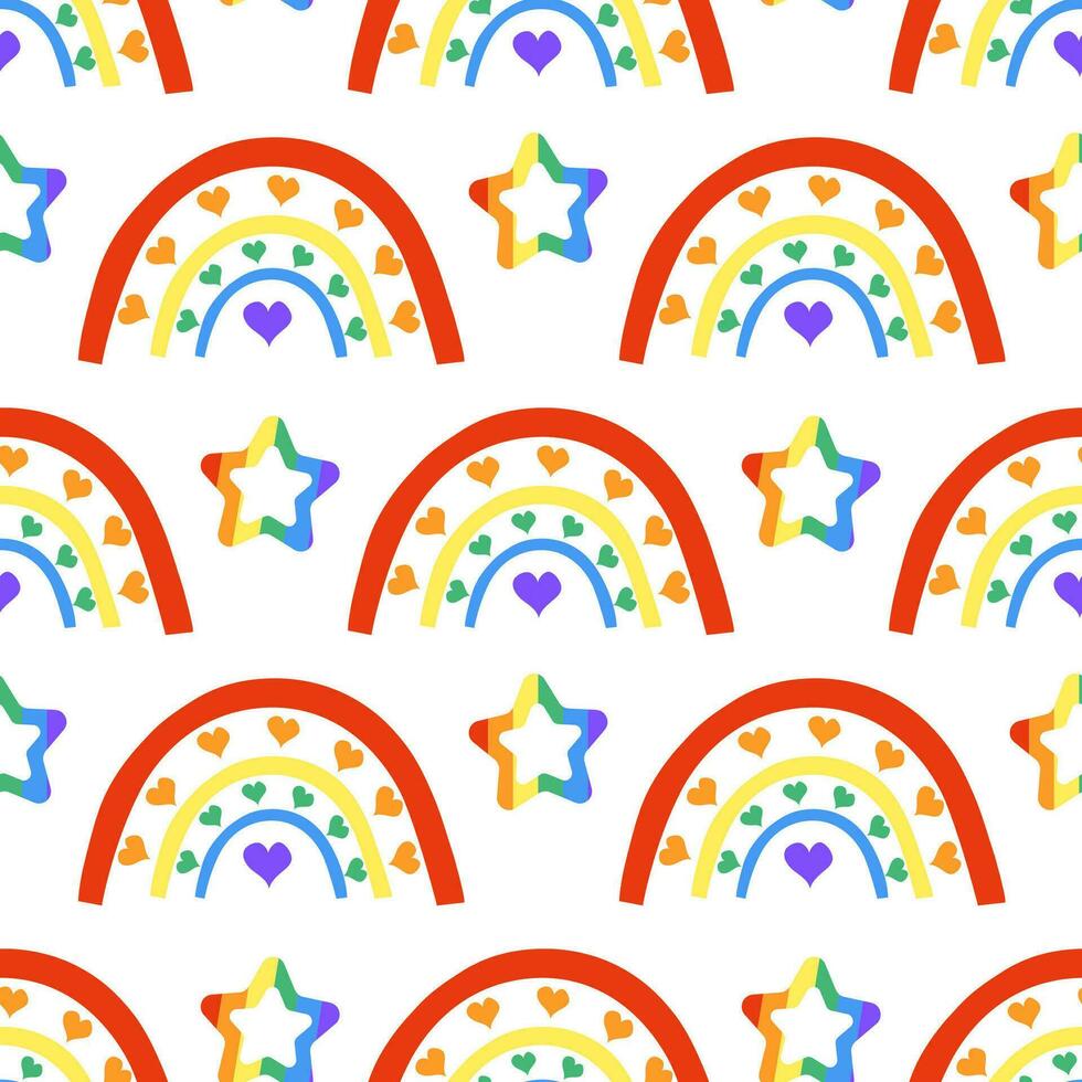 sin costura modelo con lgbt arco iris con corazones y estrellas. lgbtq. símbolo de el lgbt orgullo comunidad. vector plano ilustración.