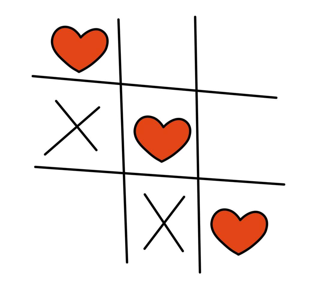 Tic-tac-toe game with hearts. Noughts and crosses. Valentine Day element. Vector flat illustration.