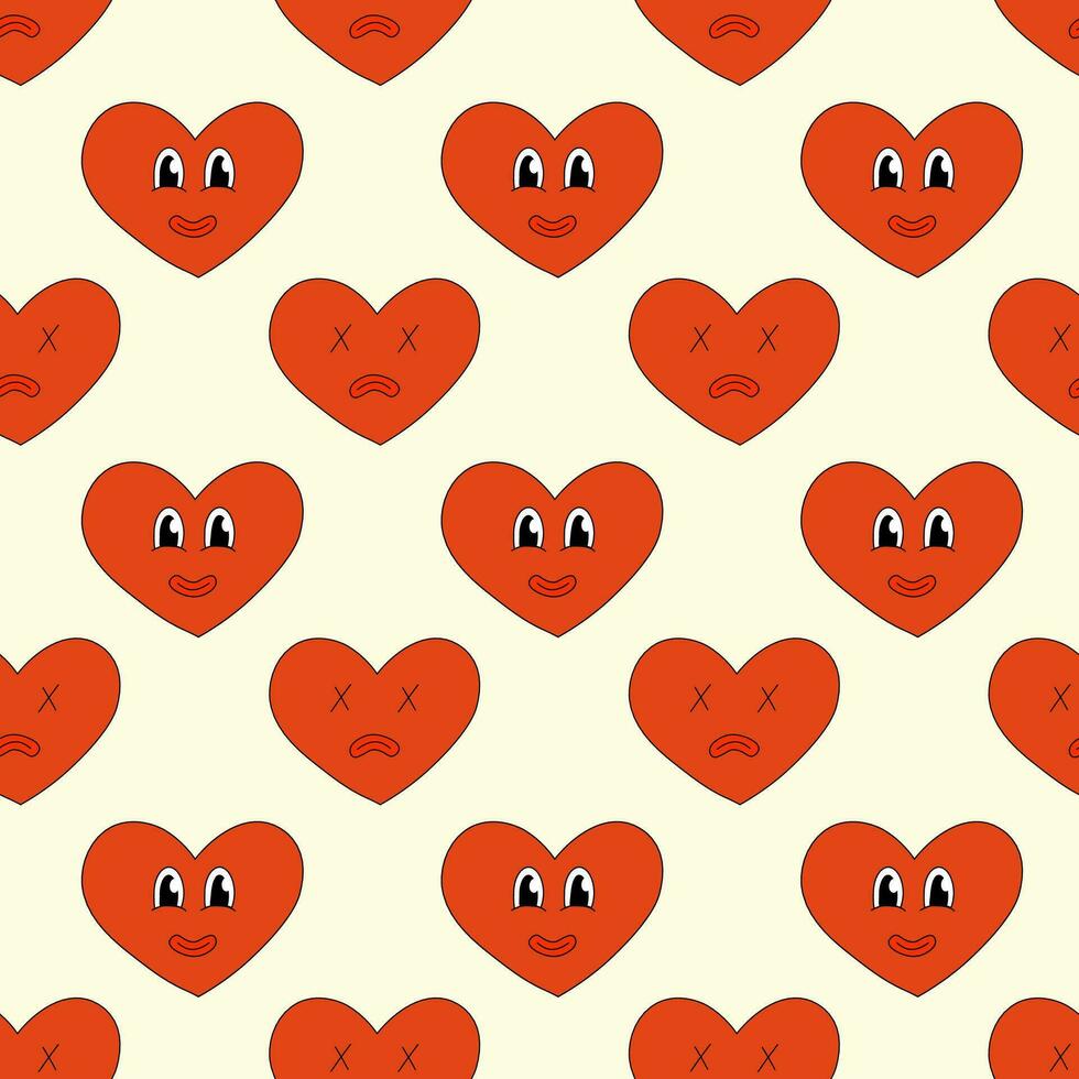 Seamless Pattern with Heart Red Character Smile and Sad for Valentine Day. Mascot in groovy and Y2k style. Vector cartoon illustration.