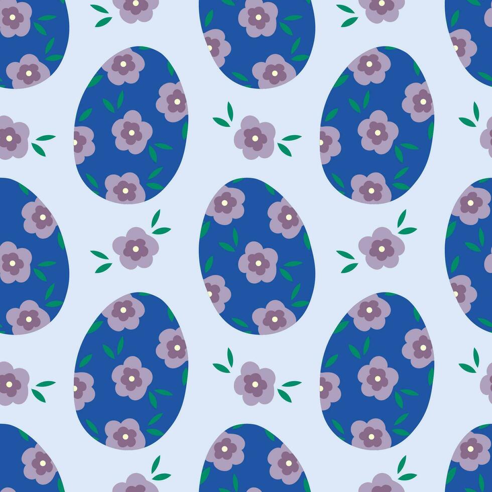 Pattern seamless with dark blue Easter eggs and flowers. Happy Easter holiday background. Spring pattern design for postcard, wrapping paper, textile, wallpaper. vector