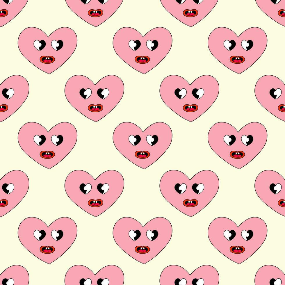 Seamless Pattern with Heart Pink Smile Character for Valentine Day. Eyes in form heart. Mascot in groovy and Y2k style. Vector cartoon illustration.