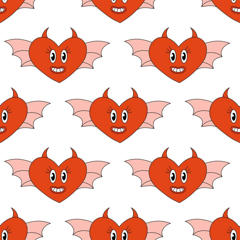 Seamless Pattern with Hearts Demon Characters for Valentine Day. Mascot in groovy and Y2k style. Vector cartoon illustration.