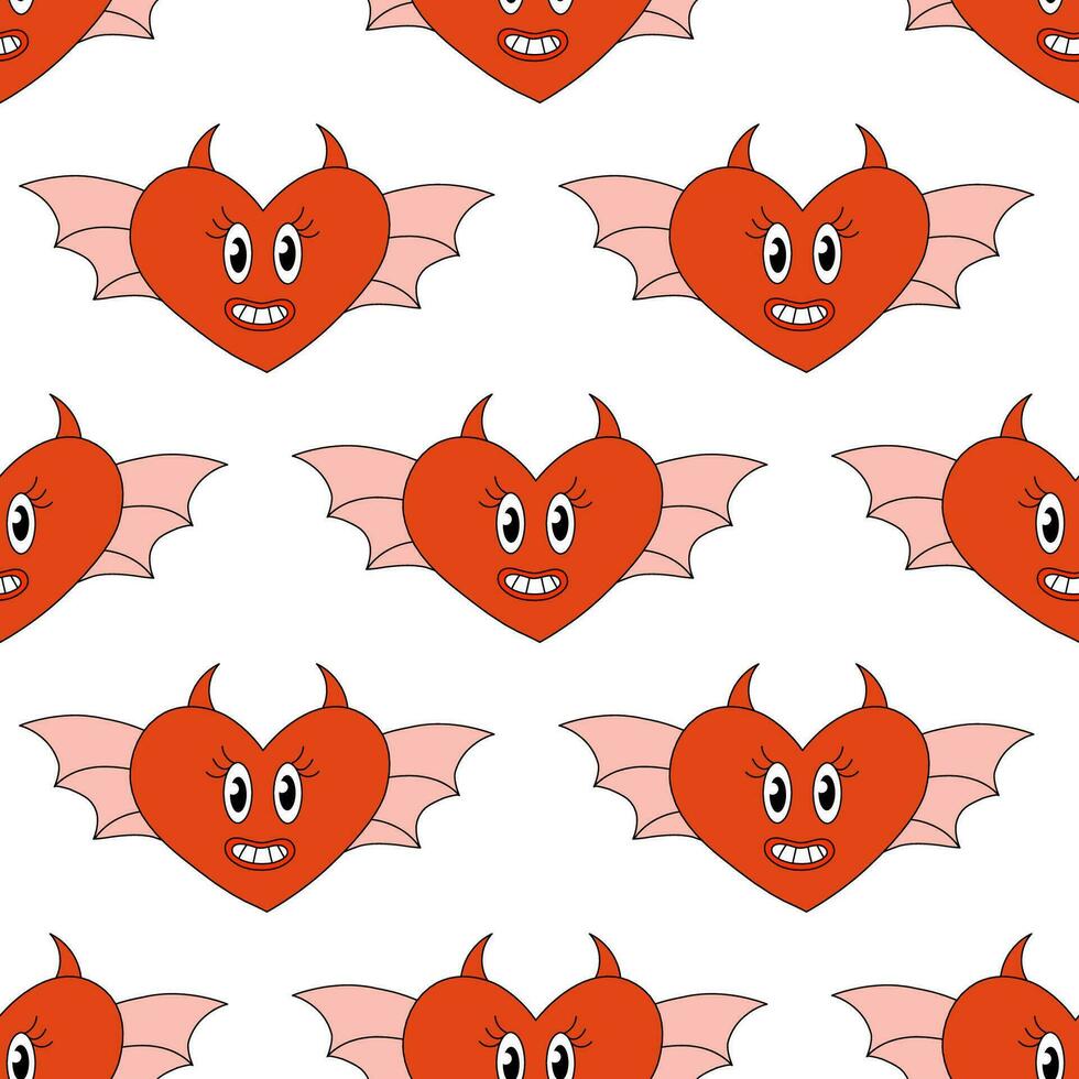 Seamless Pattern with Hearts Demon Characters for Valentine Day. Mascot in groovy and Y2k style. Vector cartoon illustration.