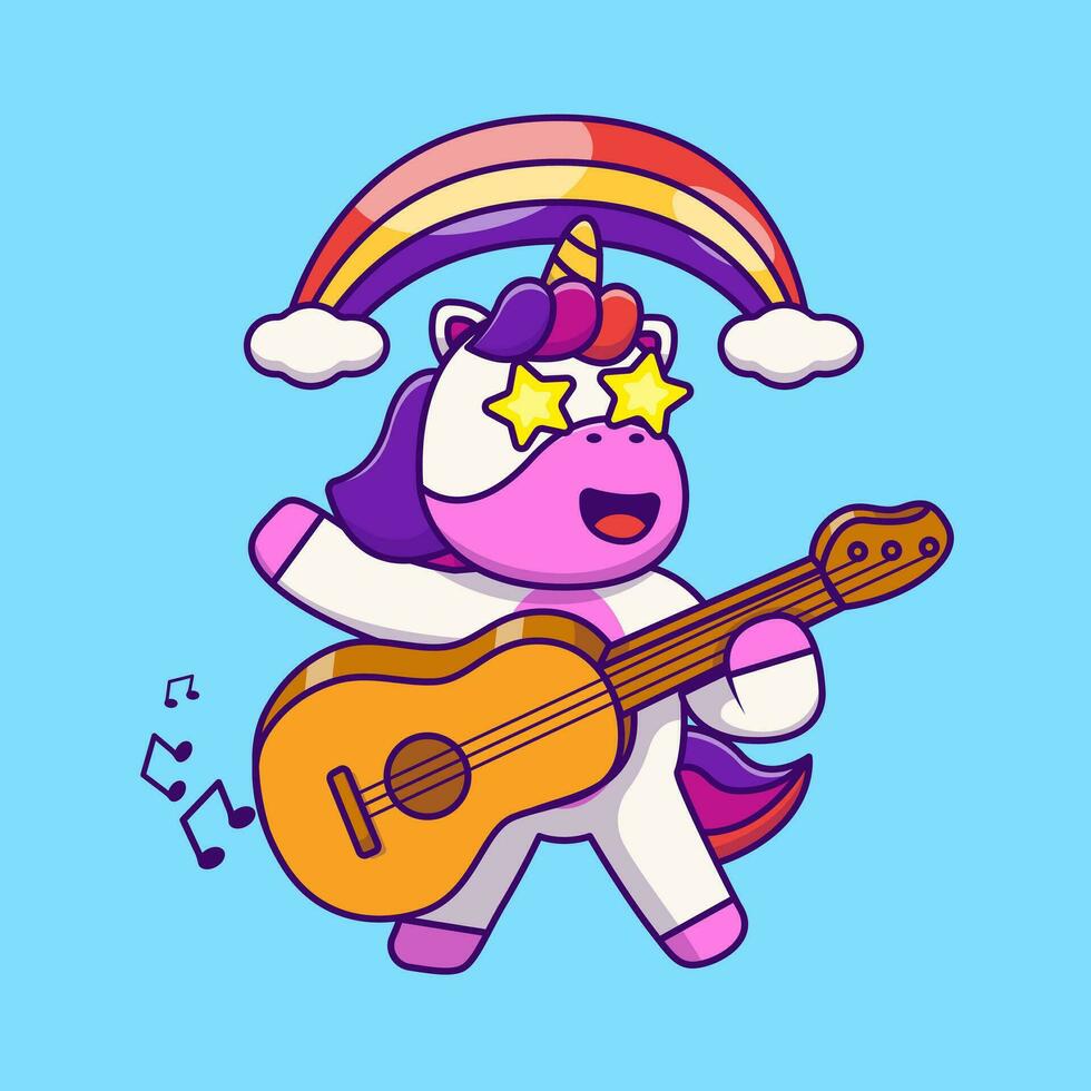 Cute Unicorn Holding a Guitar Cartoon Vector Icons Illustration. Flat Cartoon Concept. Suitable for any creative project.