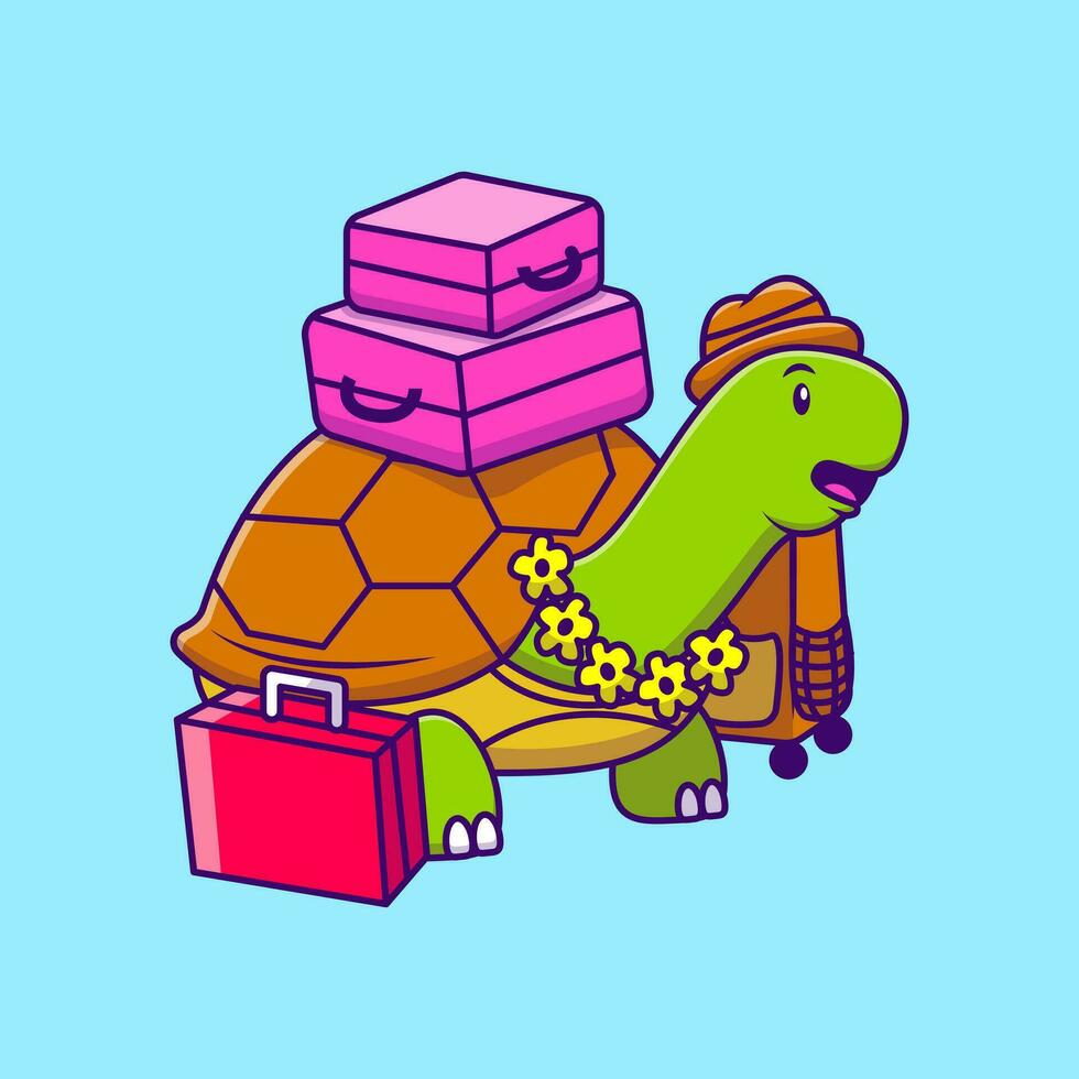 Cute Turtle Traveler With Briefcases Cartoon Vector Icons Illustration. Flat Cartoon Concept. Suitable for any creative project.