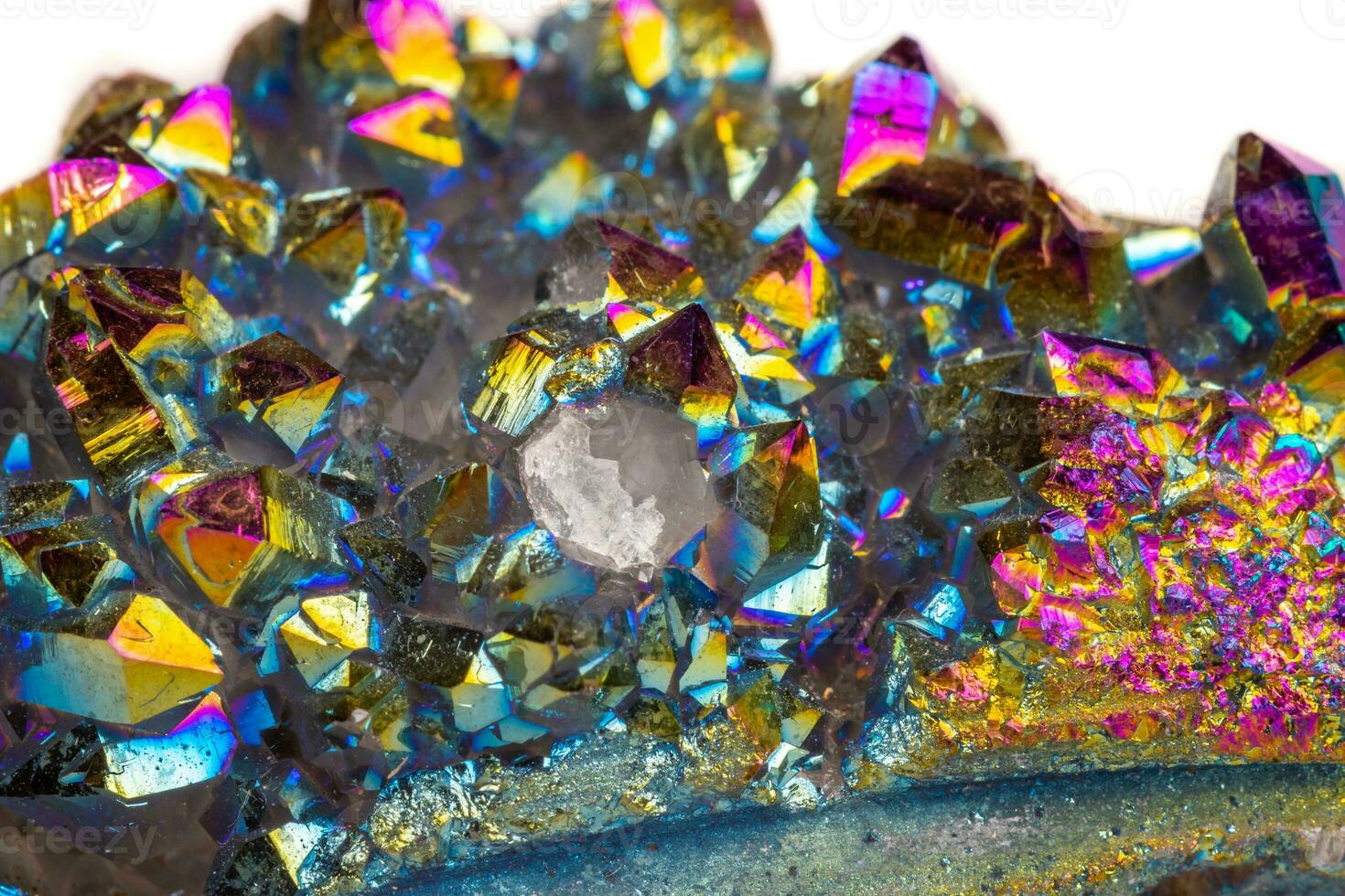 Macro mineral stone Titanium Quartz, Flame Aura Quartz on a white background photo