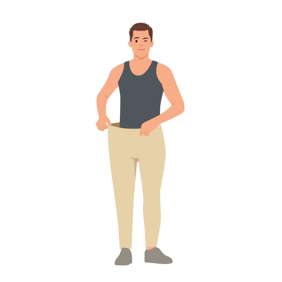Smiling young man in loose pants show results of diet. Happy slim guy demonstrate nutrition result and weight loss. vector