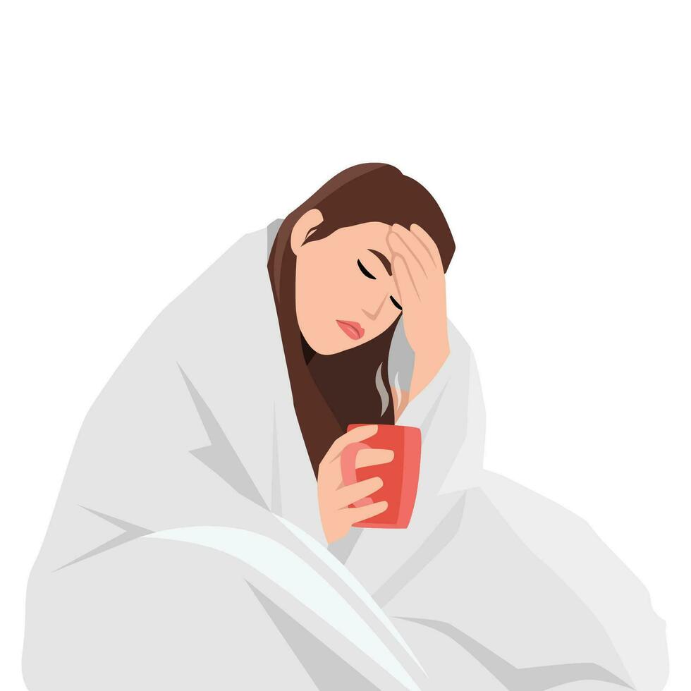 Cold ,flu, Severe Cough concept. Young sick unhappy woman cartoon character sitting on sofa ay home with cup of hot drink coughing and feeling sick. vector