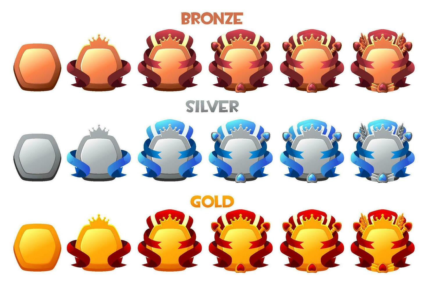 Full set of badges for the 2D game by levels. Icons of levels of bronze, silver, and gold. From low to high level vector