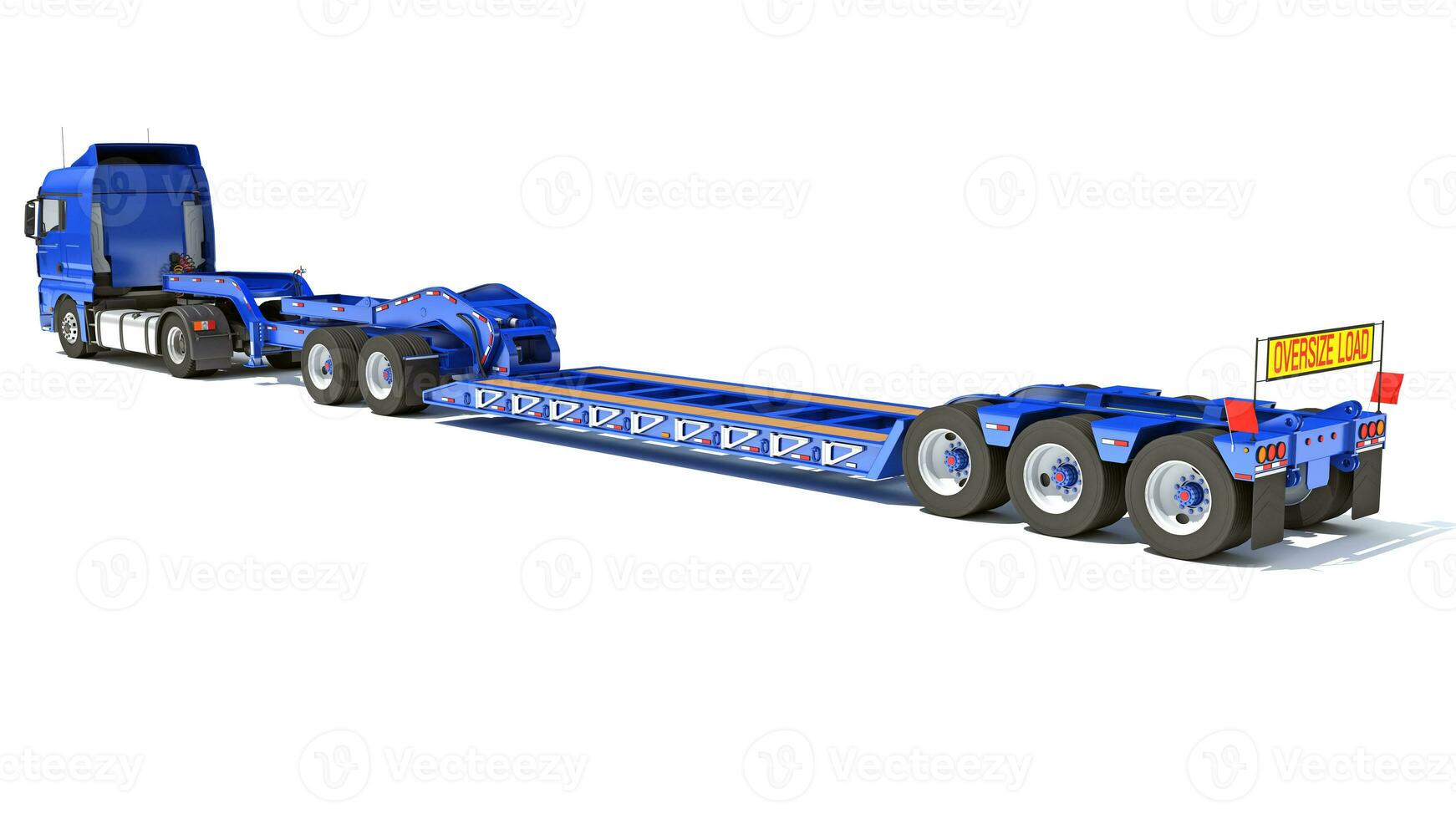 Semi Truck with Lowboy Platform Trailer 3D rendering on white background photo