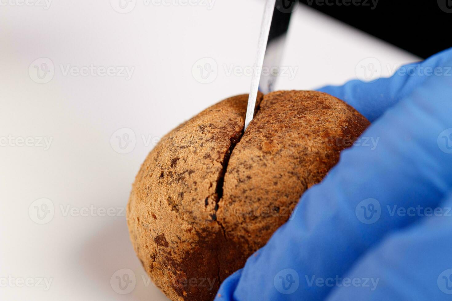 hermosa caramelo trufa en un cortar en un blanco plato en un negro antecedentes foto