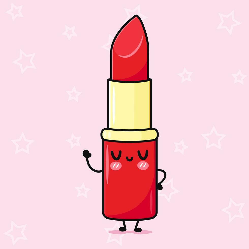 Cute funny Red lipstick waving hand. Vector hand drawn cartoon kawaii character illustration icon. Isolated on pink background. Red lipstick character concept