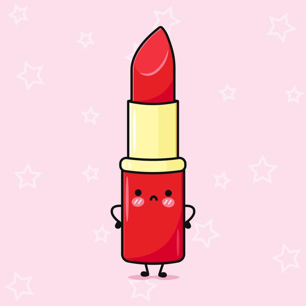 Angry Red lipstick character. Vector hand drawn cartoon kawaii character illustration icon. Isolated on pink background. Sad Red lipstick character concept