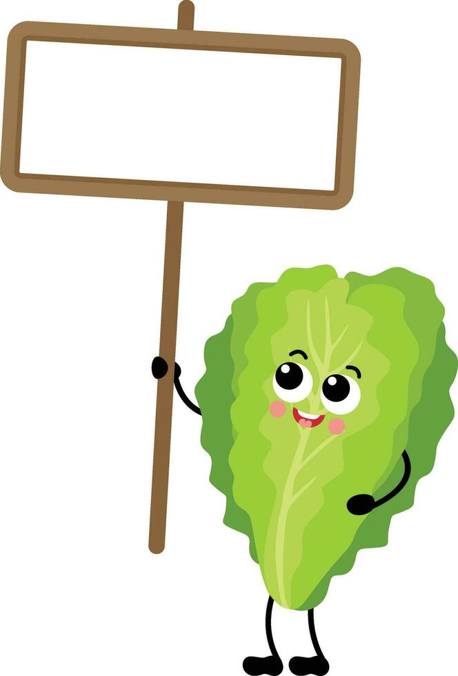 Funny green lettuce mascot holding a blank signboard vector