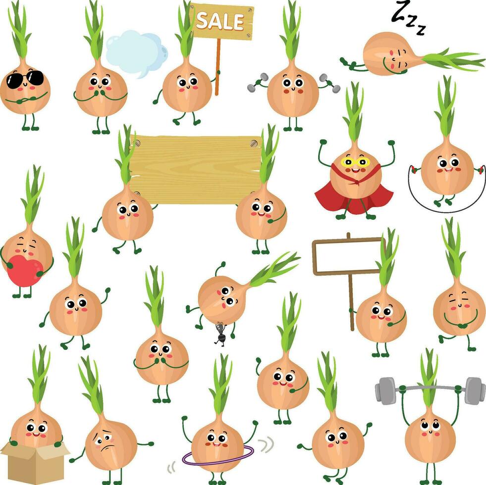Set of digital elements with funny onion mascot vector