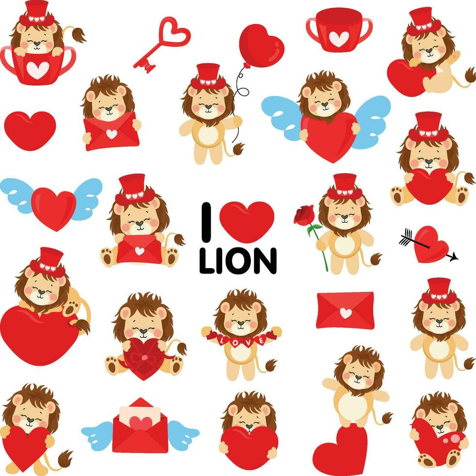Set of funny love valentine lion vector