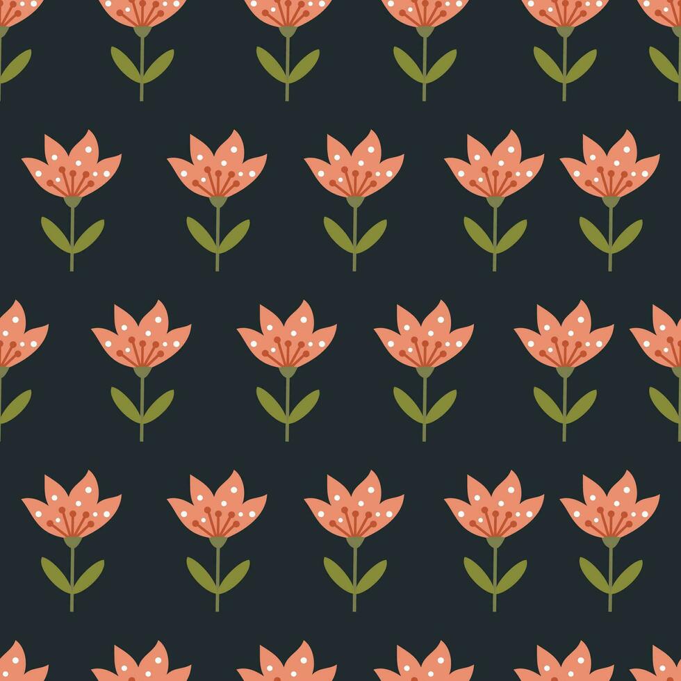 Seamless vector pattern in minimalistic style on a dark background. Cute pink flowers in naive art.