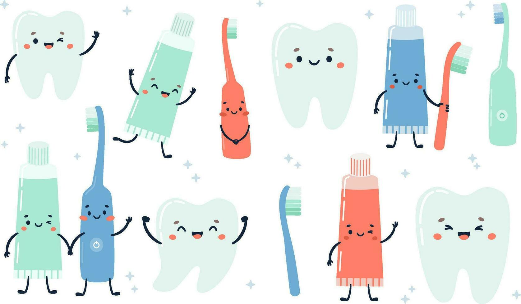 Set of flat vector illustrations. Happy healthy teeth, earth brushes, electric toothbrush, toothpaste. Oral hygiene items holding hands