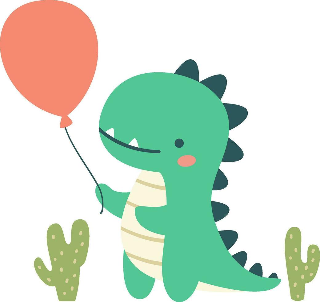 Flat vector illustration in children's style. Cute dinosaur holding a balloon, cacti