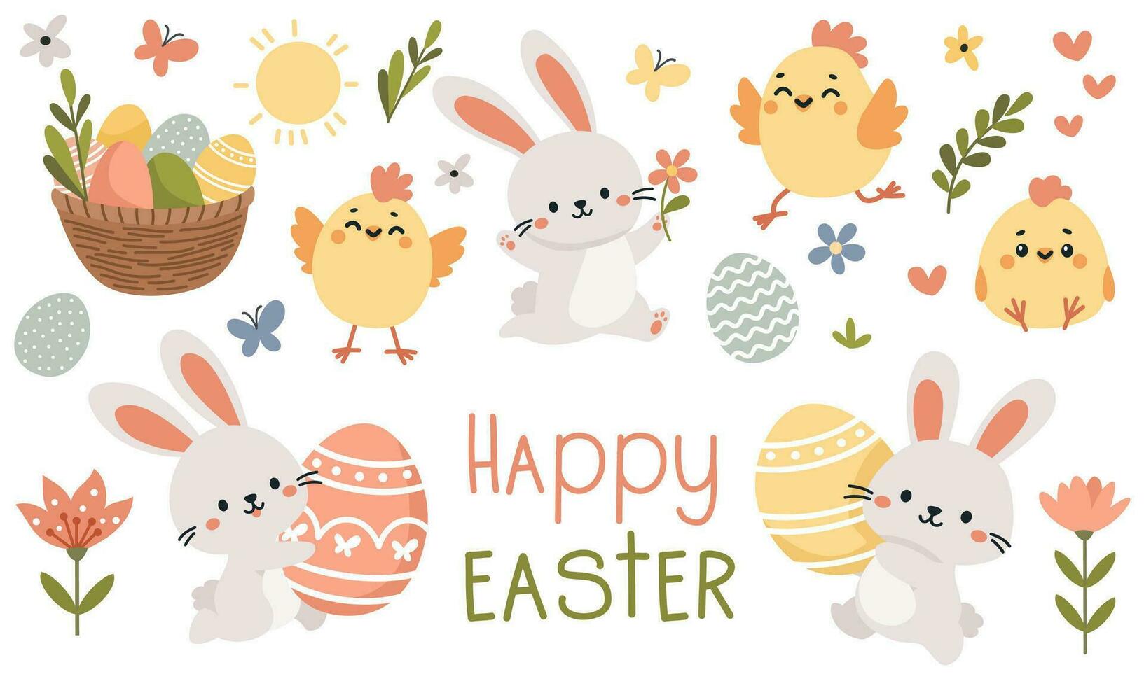 Set of flat vector illustrations for Easter day. Cute Easter bunnies, chickens, egg basket, Easter eggs, flowers and butterflies. Happy Easter inscription