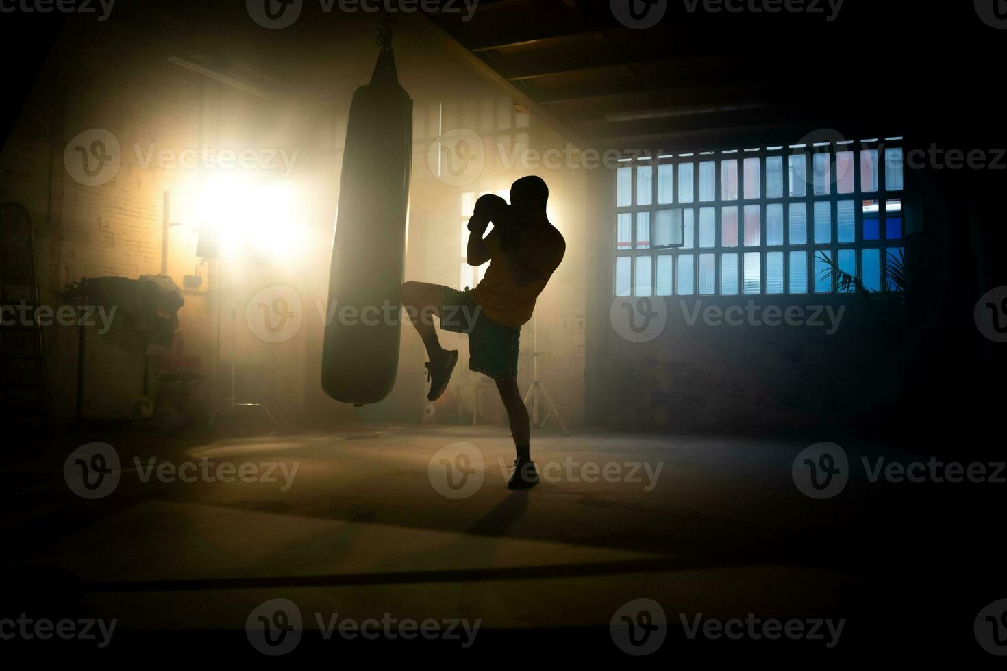 Kickboxing or martial arts fighter hits punching bag with knee in the gym. photo