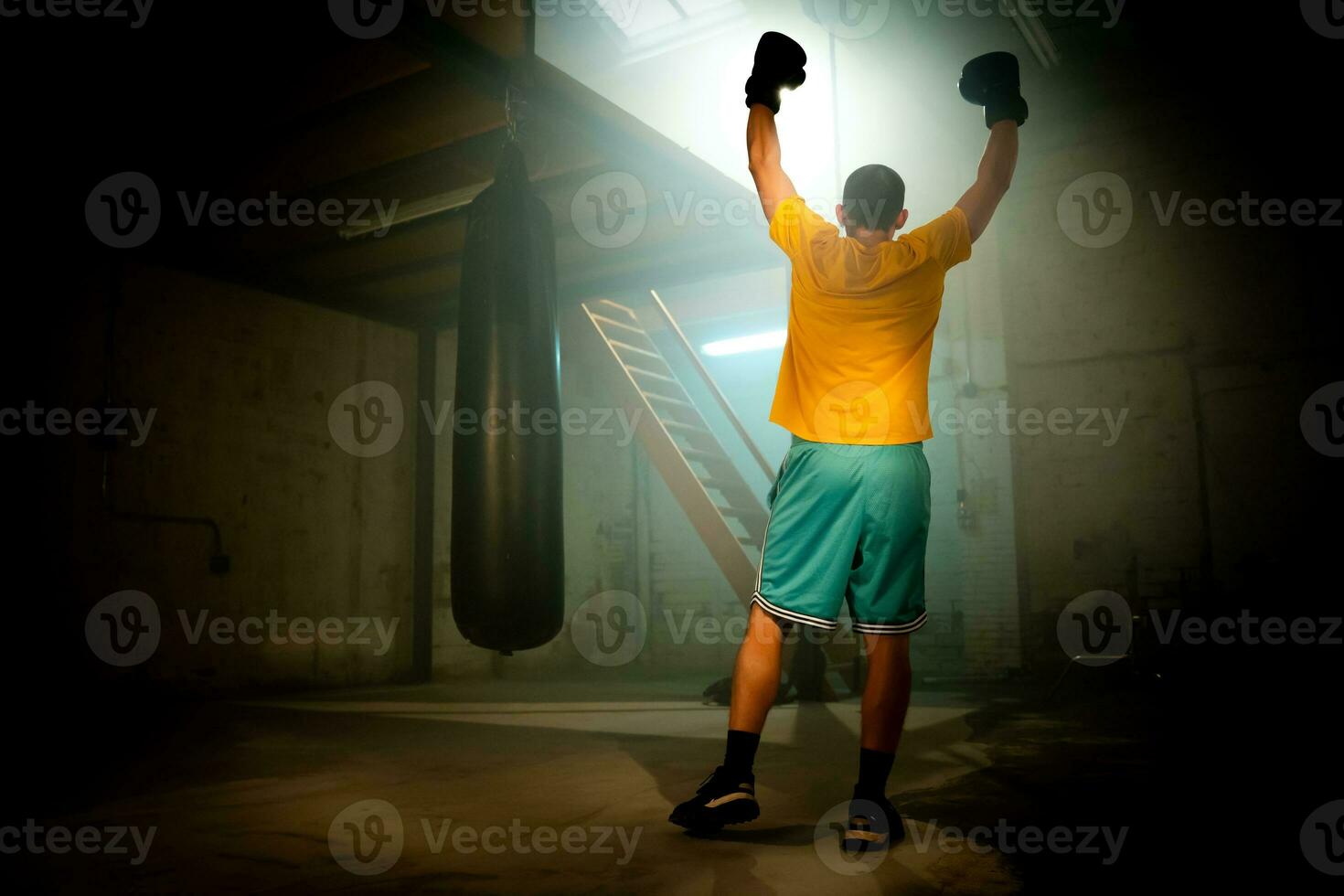 Boxer celebrating win on dark background. Horizontal copy space sport background. photo
