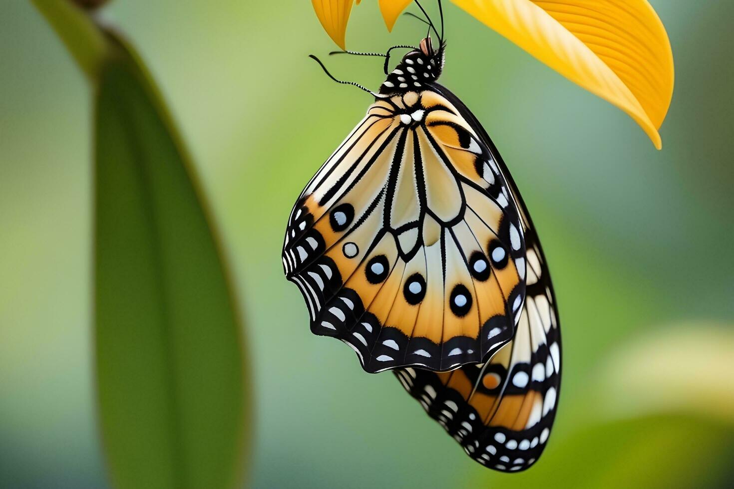 AI generated Showcase the intricate texture and protective features of a butterfly cocoon, hinting at the transformation within, background image, generative AI photo