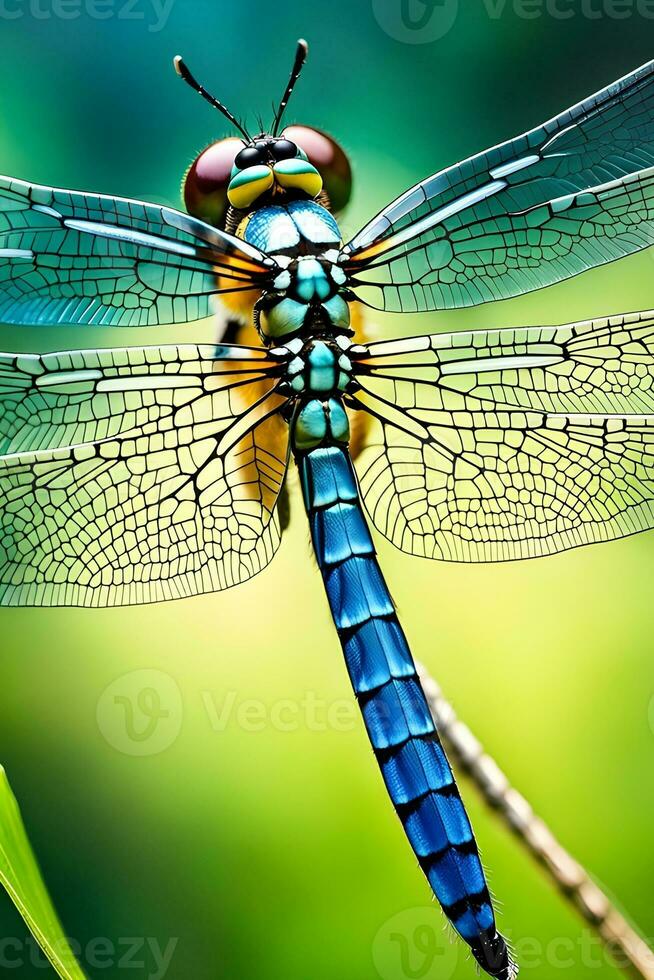 AI generated Translucent beauty of a dragonfly's wings, emphasizing their intricate veining and iridescence, background image, generative AI photo