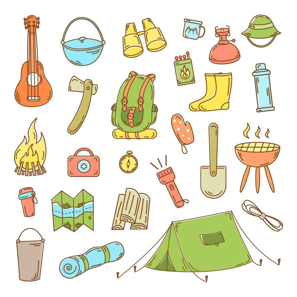 Camping doodle elements vector